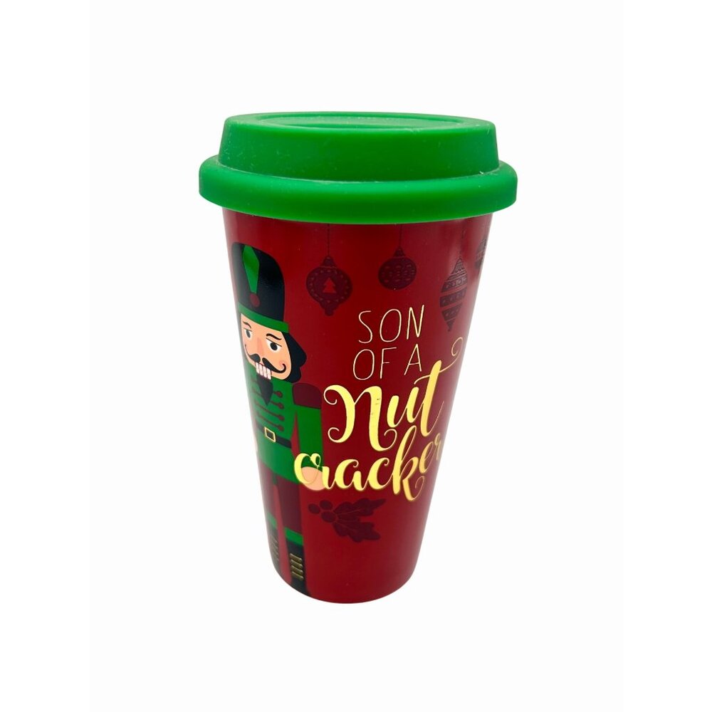NWT NOVELTY SON OF A NUTCRACKER ELF CERAMIC TRAVEL COFFEE MUG LID CHRMNG CHARLIE